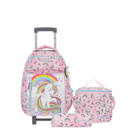 Set mochila con ruedas + lonchera + lapicera New Run Unicorn rosado